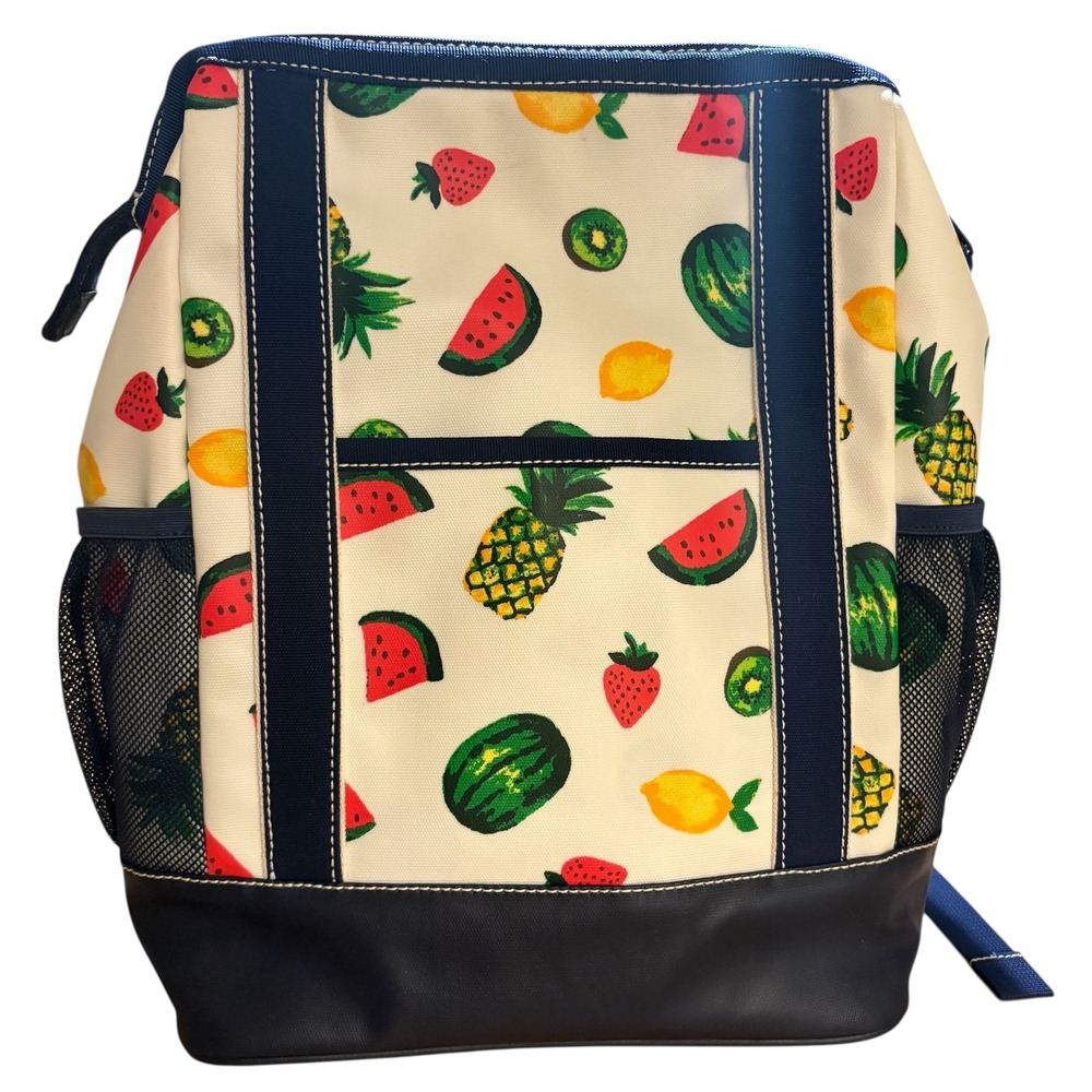 Lands End Large Canvas Coated Fruit Print Backpack Navy Trim Insulated CoolerBag
